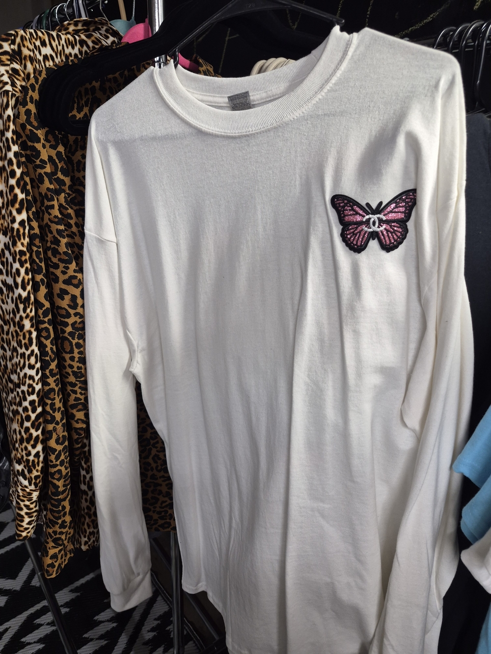 Long-Sleeve White Shirt with Pink Butterfly Patch
